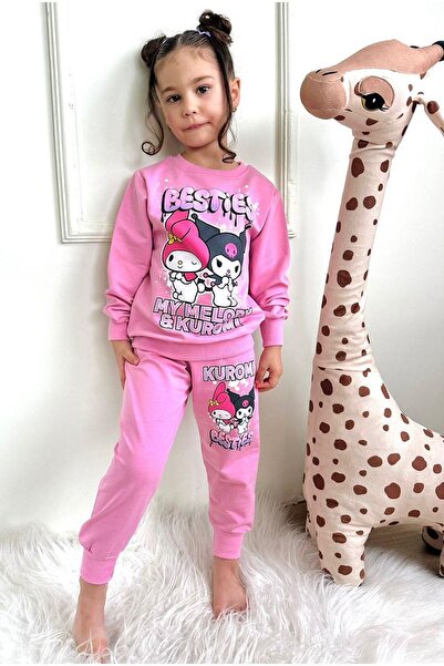 yagmurgiyim Pjk2İ Kuromi Patterned Pink Tracksuit Set for Girls - 100% Cotton...