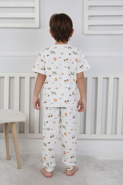 Yağmur Giyim İsob Ecru Arslan Patterned 100% Cotton Boy Short Sleeve Pajama Set 3-8 Years 41314-E