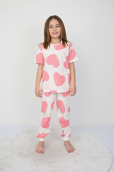 Yağmur Giyim Pink Heart Pattern 100% Cotton Girls Pajama Set (8-13 Years)
