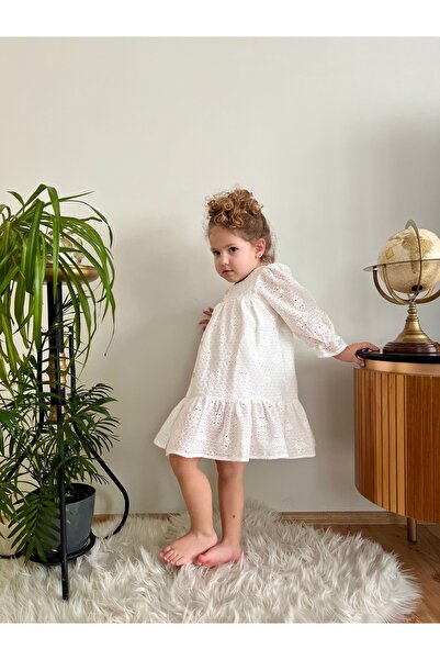 penu baby kids Βρεφικό φόρεμα για κορίτσια με μακρυμάνικο βαμβακερό κουμπιά εκρού