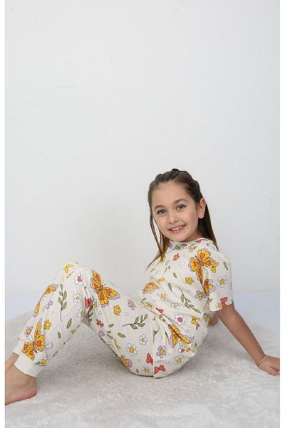 Yağmur Giyim Isob Butterfly Patterned 100% Cotton Girls Pajamas Set 3-8 Years 21208-E