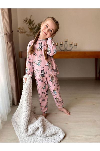 CANDA Isob Pink Bluey Patterned Corded Fabric 100% Cotton Girls' Pajamas Set 3-8 Years 31221-P