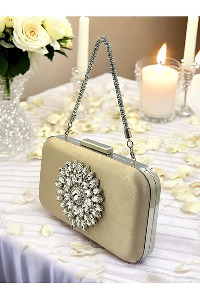 Wedding Fashion Culoare Nudă Satin Piatră Mâner Femei Rochie De Seară Geantă Nunta Logodna Absolventa