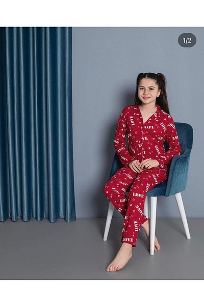 yagmurgiyim Set de pijamale pentru fete Işılay Selen Waiter cu model Burgundy Love - Mâneci lungi, nasturi în față, 7-14 ani 38