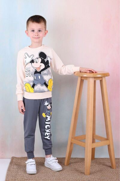 yagmurgiyim Smoked Boy's Tracksuit Set with Mickey Mouse Pattern - 100% Cotto...