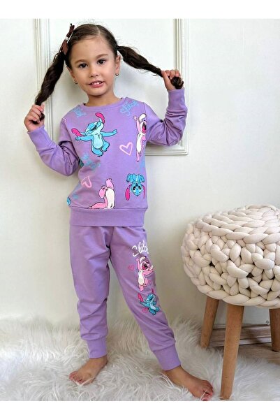 yagmurgiyim PJK2İ Stitch Desenli Lila 2 İp %100 Pamuk Kız Çocuk Eşofman Takım...