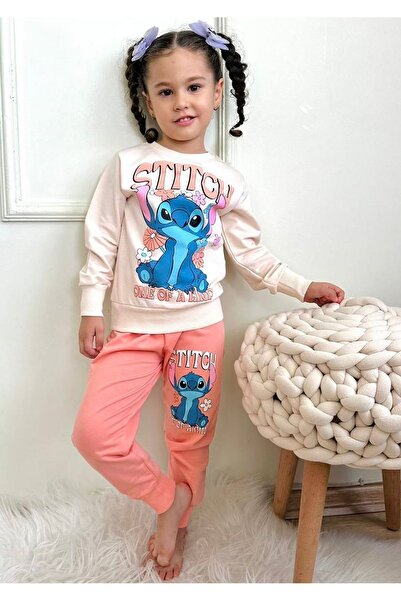 yagmurgiyim Pjk2I Stitch Patterned Tracksuit Set for Girls - Salmon 2 String,...