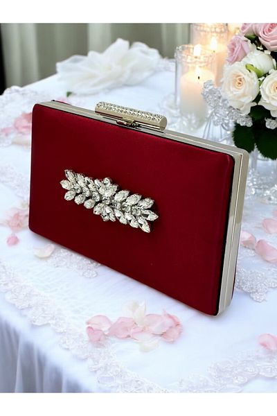 MidStore Bordeaux Crystal Stone Satin Geantă de seară pentru femei Geantă de seară pentru nuntă, logodnă, absolvire