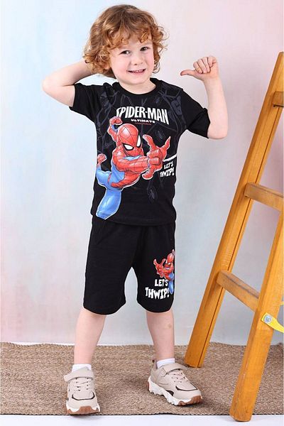 Yağmur Giyim Pjkskt Spiderman Patterned Black Shorts Boy's Short Sleeve Suit 7526-S