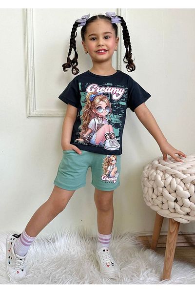 Yağmur Giyim Pjkskt Creamy Patterned Girl's Short Sleeve Suit with Green Shorts 7549-Y