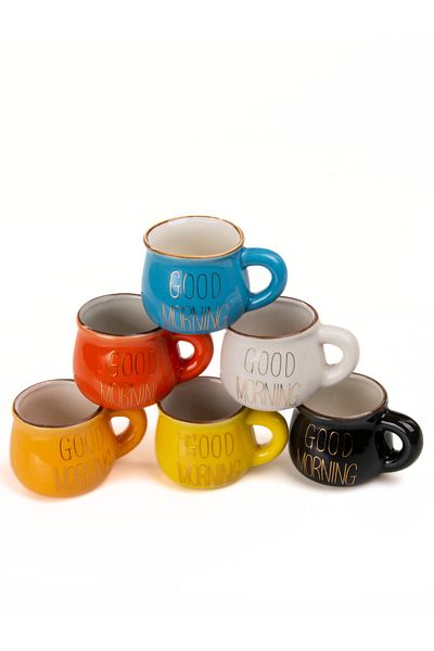 MUKKO HOME Set of 6 Colorful Porcelain Espresso Cups Good Morning Design with Gold Writing