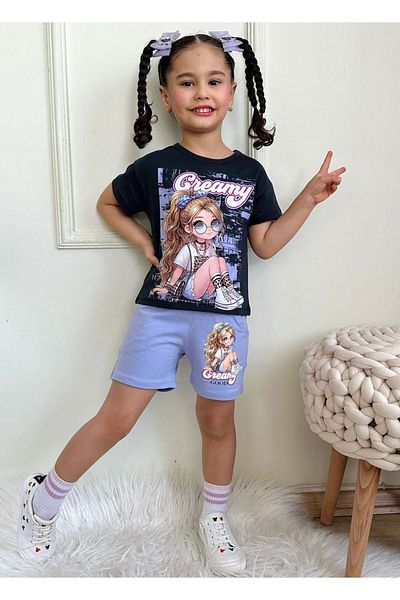 Yağmur Giyim Pjkskt Creamy Patterned Lilac Shorts Girl's Short Sleeve Suit 7549-L