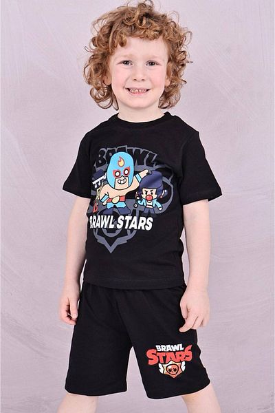 Yağmur Giyim Brawl Star Motif Black Shorts Boy's Suit Short Sleeve 7598-S