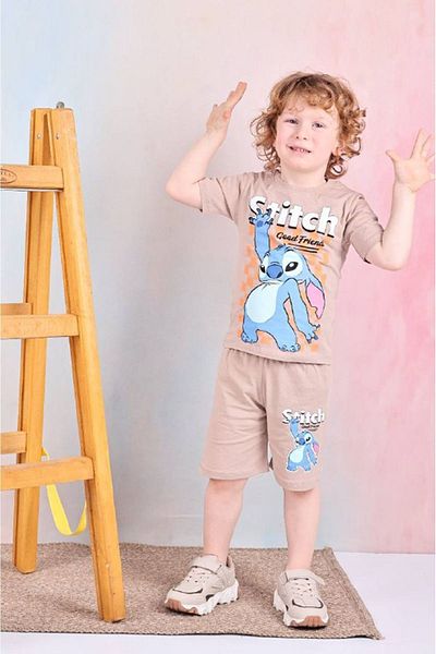 Yağmur Giyim Pjkskt Stitch Pattern Beige Shorts Boy's Short Sleeve Suit 7563-B