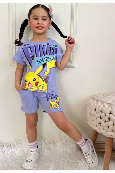 Yağmur Giyim Girl's Pikachu Patterned Lilac Shorts Suit Short Sleeve