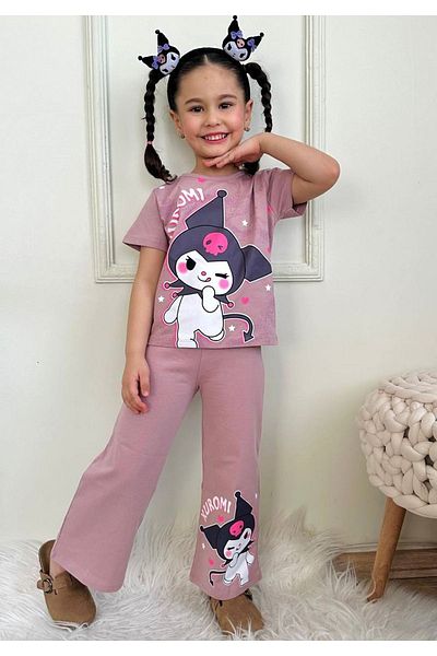 Yağmur Giyim Kuromi Patterned Dusty Rose Wide Leg Girl's Suit 3-10 Years 7618-Gk