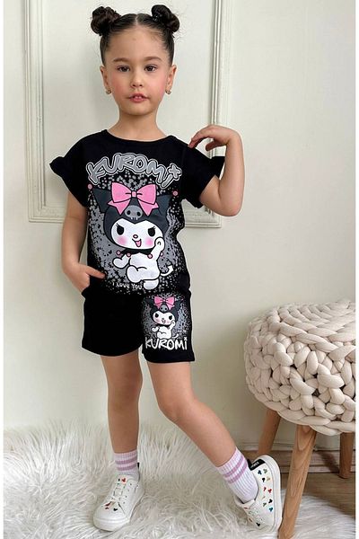 Yağmur Giyim Pjkskt Kuromi Pattern Black Shorts Short Sleeve Suit for Girls 7535-S