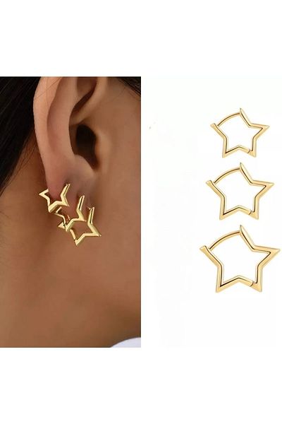 Vitastyle Set of 6 3 Different Sizes Star Steel Earrings