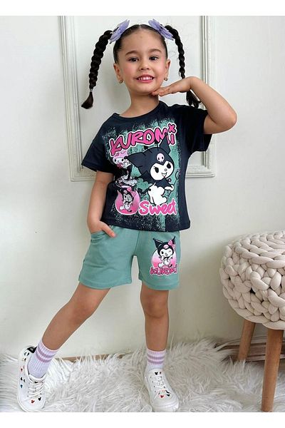 Yağmur Giyim Pjkskt Kuromi Pattern Girls Short Sleeve Set with Green Shorts 7533-Y