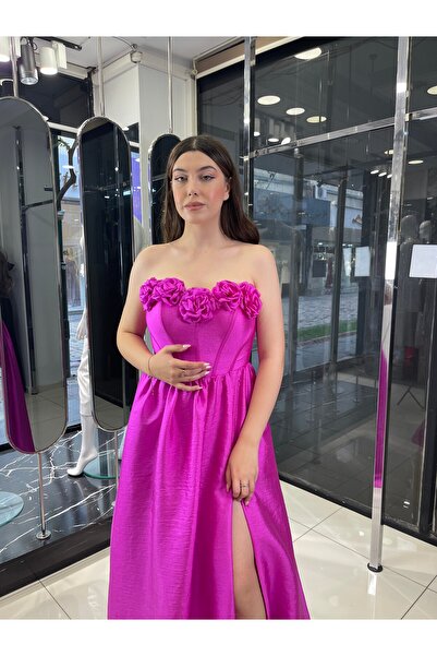 fevzuss Straplez Gül Detalı Uzun Abiye