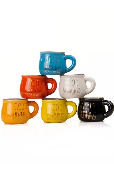 MUKKO HOME Set of 6 Colorful Porcelain Espresso Cups Good Morning Design with Gold Writing