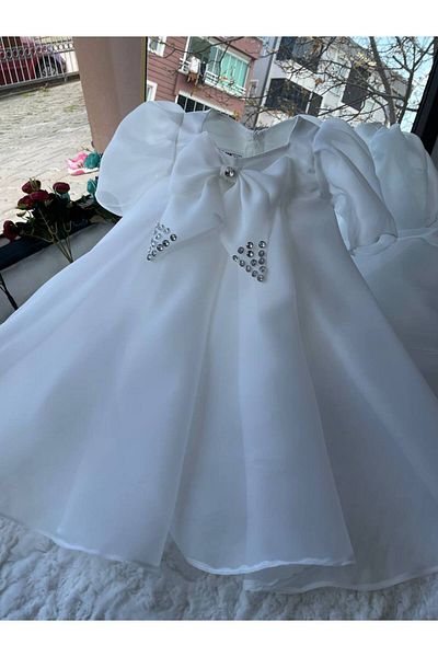 Sare Çocuk Giyim Off White Bow Children's Outfit Sparkly Vip Party Evening Dress + Buckle