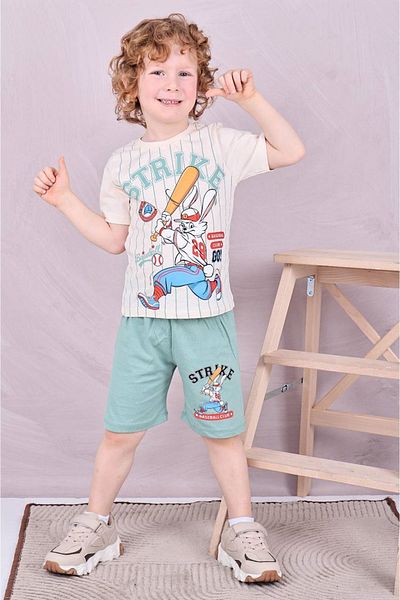 Yağmur Giyim Pjkskt Rabbit Strike Patterned Green Shorts Boy's Short Sleeve Suit 7591-Y