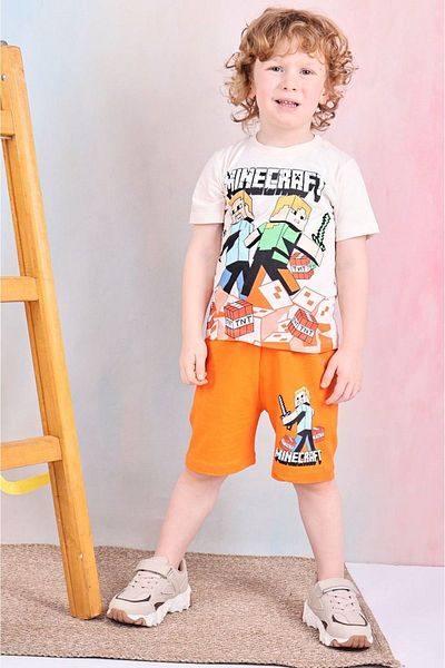 Yağmur Giyim Pjkskt Minec Patterned Orange Shorts Boy's Short Sleeve Suit 7525-t