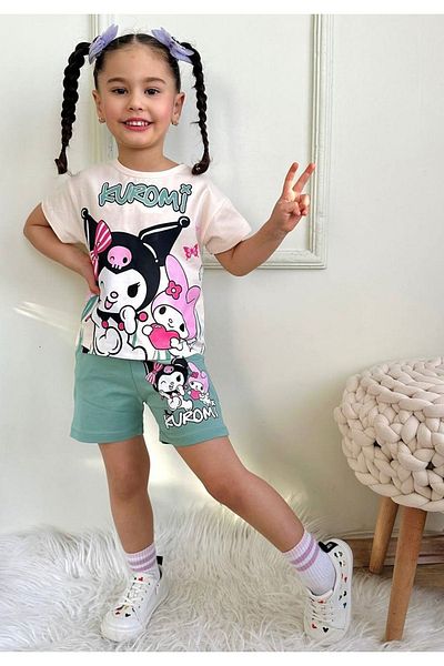 Yağmur Giyim Pjkskt Girls Short Sleeve Suit with Kuromi Pattern Green Shorts 7532-Y