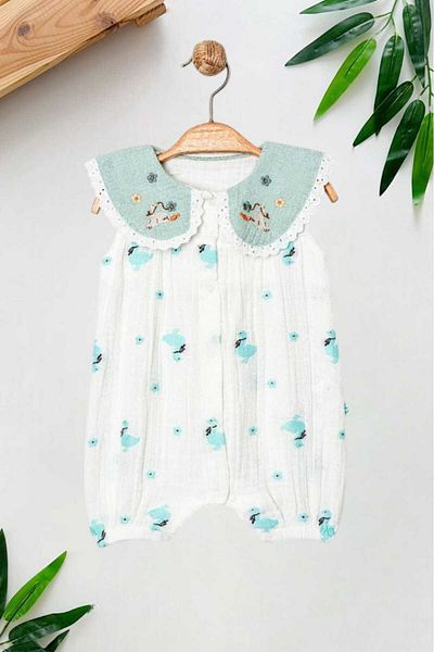 dinamik çocuk Baby Girl Duck Patterned Mulishin White Jumpsuit 0-12 Months