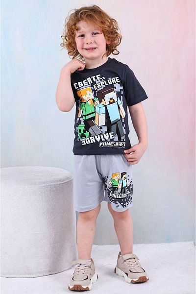 Yağmur Giyim Pjkskt Minec Patterned Gray Shorts Boy's Short Sleeve Suit 7547-g