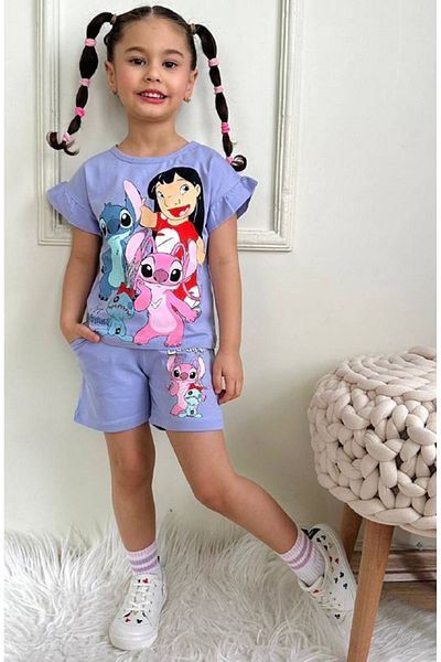 Yağmur Giyim Pjkskt Stitch Patterned Lilac Shorts Girl's Short Sleeve Suit 7534-L