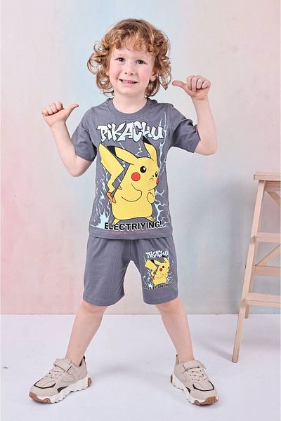 Yağmur Giyim Pjkskt Pikachu Pattern Smoked Shorts Boy's Short Sleeve Suit 7609-F