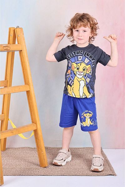 Yağmur Giyim Lion King Patterned Male Child Suit Blue Stationery Celibacy with Shorts Sleeves Kurtsuz 7582-S