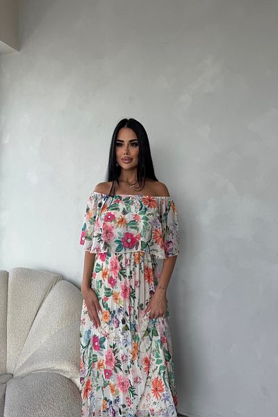 LİLA İSTANBUL Square Neck Pleated Chiffon Floral Print Summer Dress