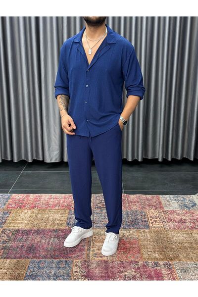 Nyda Collections Costum Bürümcük pentru bărbați, cămașă cu nasturi și pantaloni cu șireturi Costum de vară, țesătură cu buzunare duble