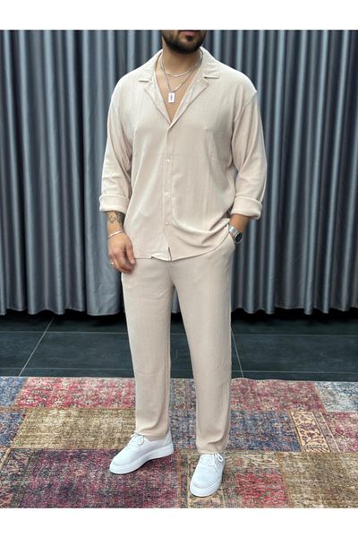 Nyda Collections Men's Crinkle Suit Buttoned Shirt and Lace-Up Trousers Summer Suit Double Pocket Crinkle Fabric