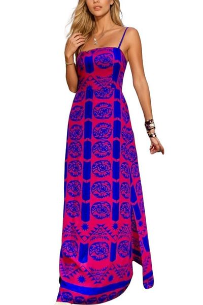 Pasaklı Giyim Unitate albastru fucsia, îmbrăcăminte lungă cu bretele, spate elastic și cu motive cu fante - rochie Çık 3627350