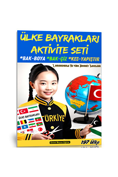 Enine Boyuna Eğitim Ülke Bayrakları Aktivite Seti (Kes-Yapıştır, Bak-Çiz, Bak...
