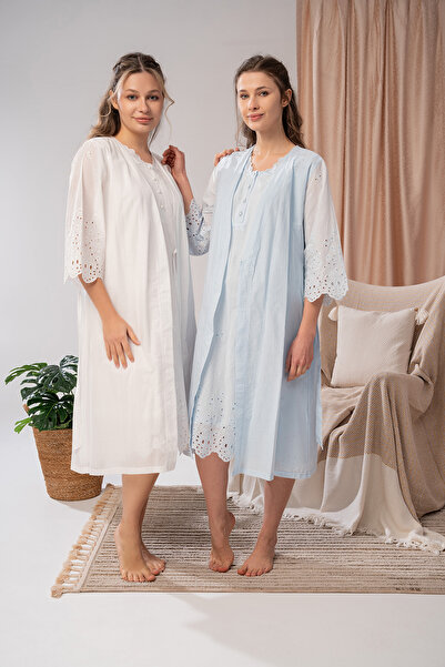 CT MODA Set cămașă de noapte pentru femei, din in albastru, de vară, cu bretele groase, design special, din bumbac, pentru maternitate