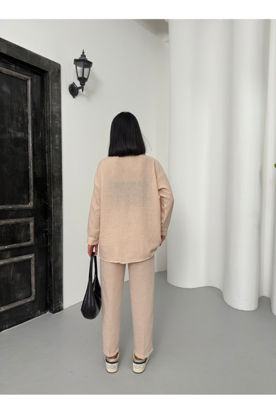 alenmoda Women's Double Linen Shirt Pants Bottom Top Set