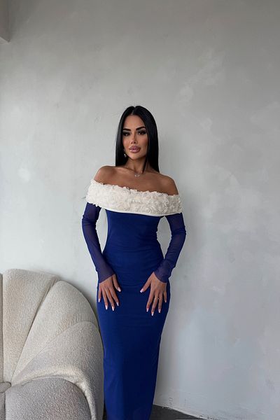 LİLA İSTANBUL Καλοκαιρινό φόρεμα ειδικής σχεδίασης με λεπτομέρεια από τριαντάφυλλο γιακά Madonna με τούλι μανίκια
