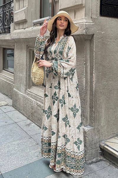 ASEDE 100% Viscose Bohemian Alaçatı Dress V-Neck Ethnic Patterned Viscose Dress Suitable for Hijab
