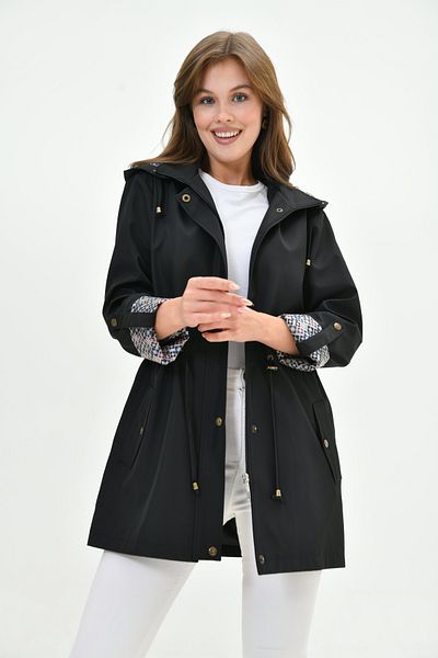 Butik Women's Water Resistant Plus Size Foldable Sleeve Pattern Hooded Lace-Up Waist Trench Coat