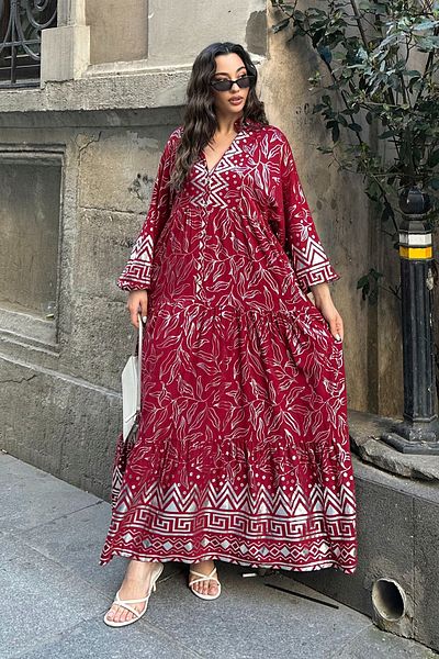 ASEDE 100% Viscose Bohemian Alaçatı Dress V-Neck Ethnic Patterned Viscose Dress Suitable for Hijab