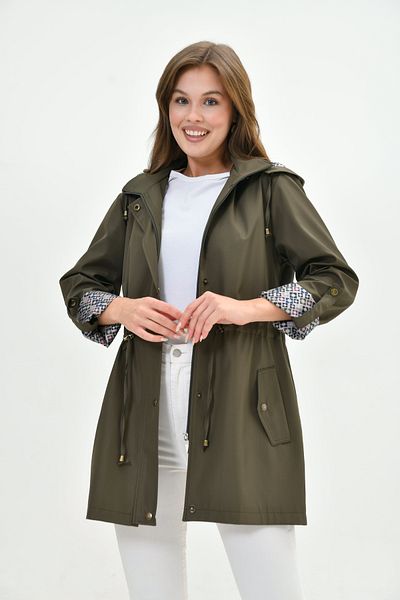 Butik Women's Water Resistant Plus Size Foldable Sleeve Pattern Hooded Lace-Up Waist Trench Coat