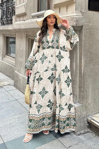 ASEDE 100% Viscose Bohemian Alaçatı Dress V-Neck Ethnic Patterned Viscose Dress Suitable for Hijab