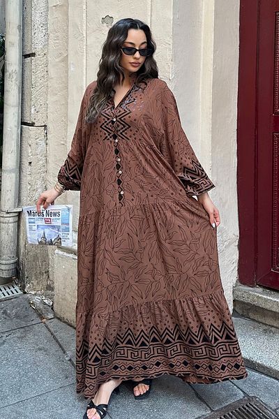 ASEDE 100% Viscose Bohemian Alaçatı Dress V-Neck Ethnic Patterned Viscose Dress Suitable for Hijab