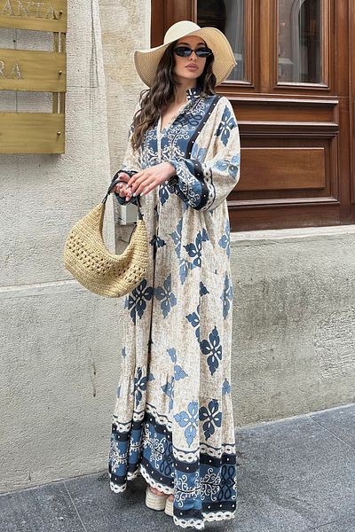 ASEDE 100% Viscose Bohemian Alaçatı Dress V-Neck Ethnic Patterned Viscose Dress Suitable for Hijab