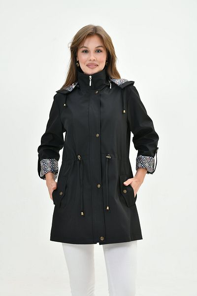 Butik Women's Water Resistant Plus Size Foldable Sleeve Pattern Hooded Lace-Up Waist Trench Coat